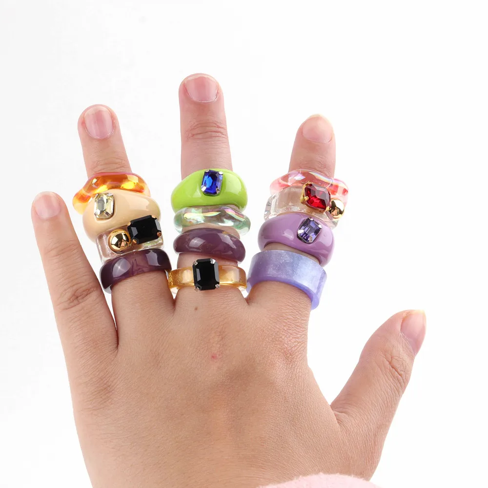 

New Korean Laser Colorful Resin Rings for Women Girls Acrylic Shiny Rhinestone Square Round Acrylic Rings Fashion Jewelry Gifts
