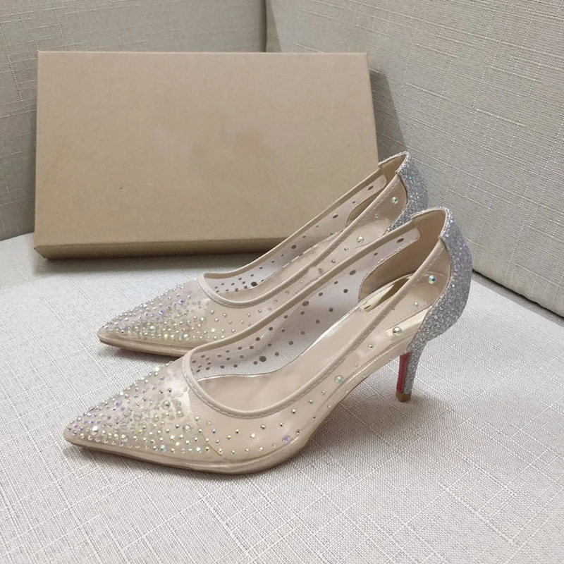 

shoes women's thin-heeled nude crystal wedding shoes pointed High-heeled mesh rhinestone sequins shallow shoes
