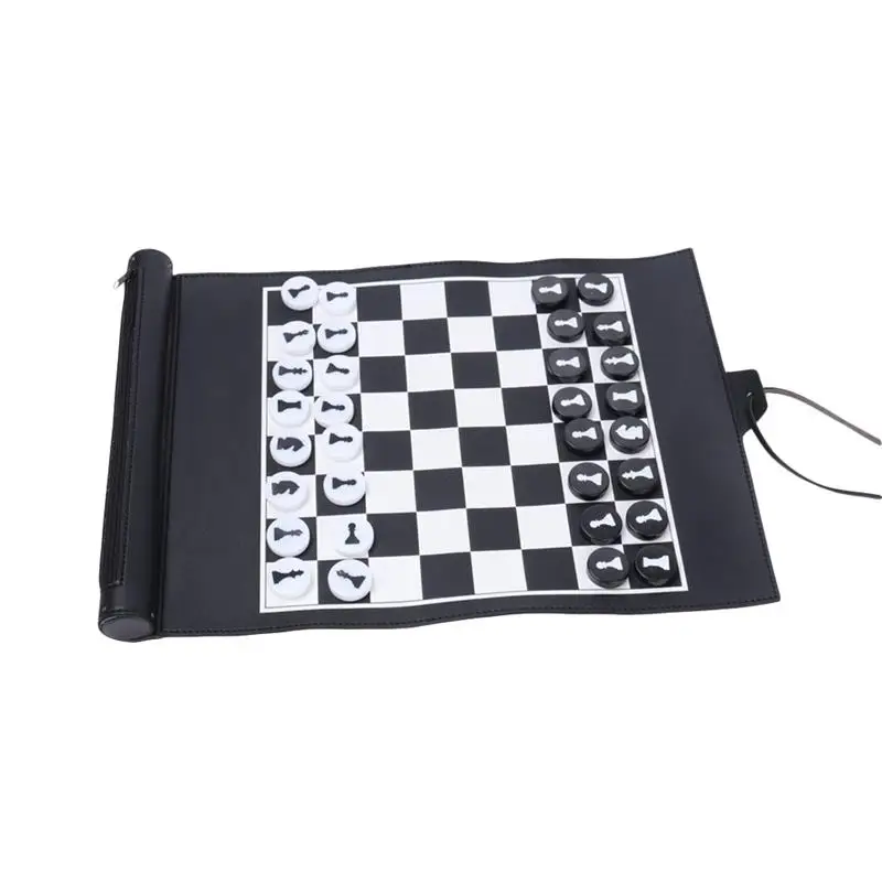 

Folding Chess Board Pieces Checkers set Leather Chessboard Table Game Portable Travel Table Games Toy Gift for Kids Adults