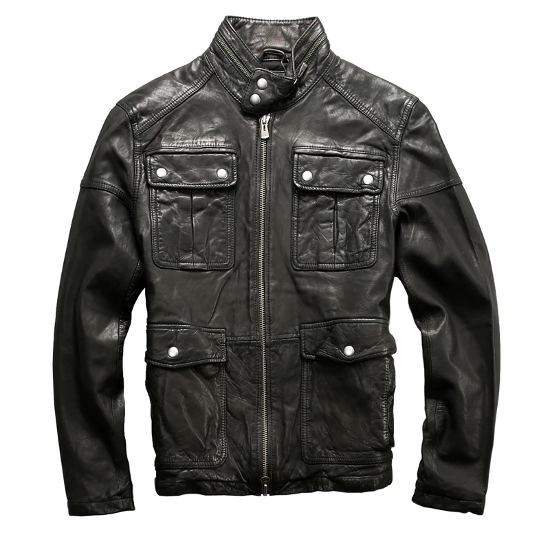 

2021 stand collar Genuine Men Slim fit Sheepskin Jacket with pockets militaly style Leather coat male