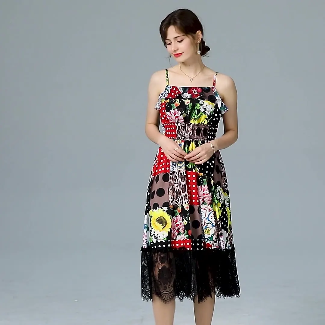 

Bohemian Patchwork Ruffle Sling Dress For Women Sling Neck Sleeveless Printed Summer Dresses Female Fashion New Clothes