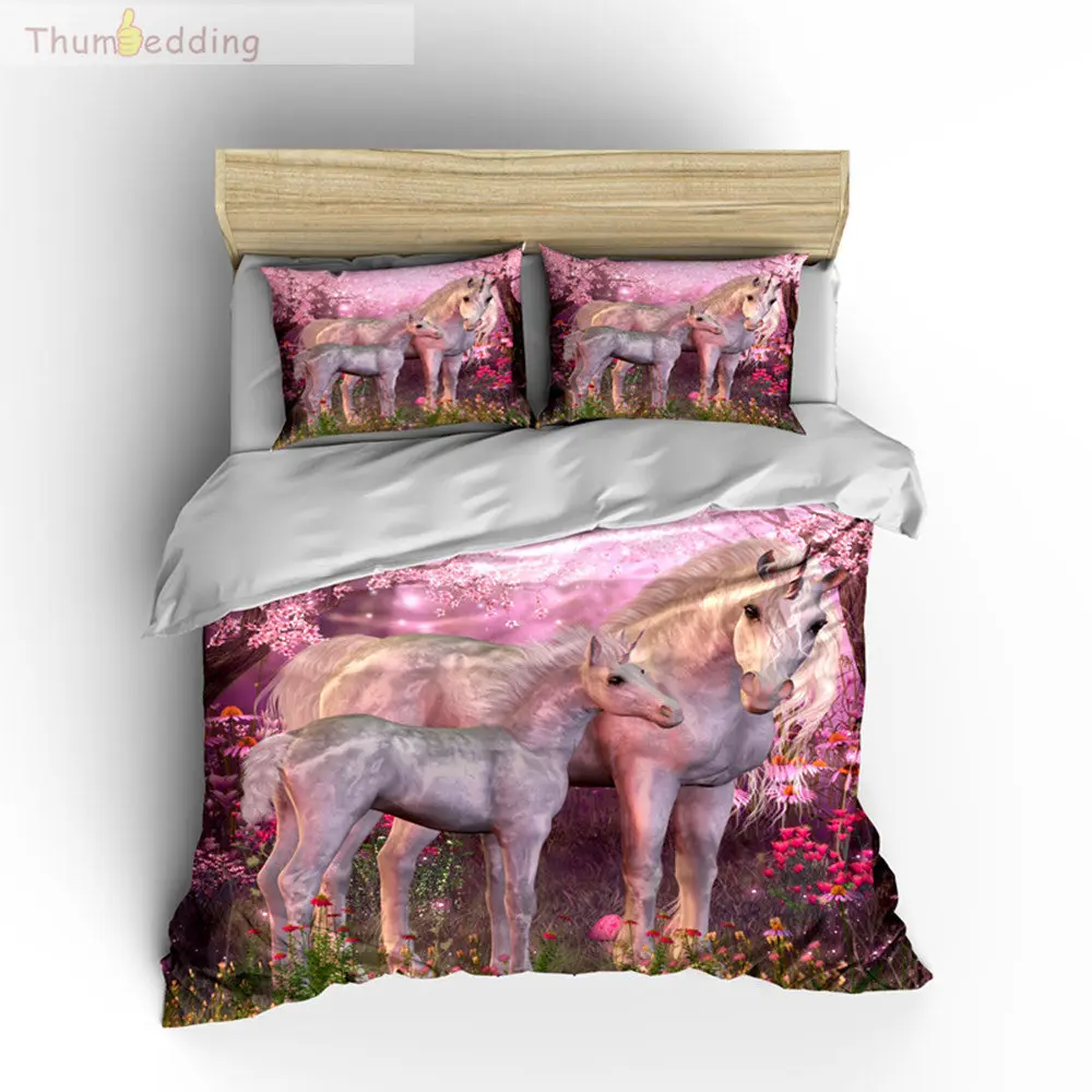 Thumbedding Fluorescent Bedding Set Unicorn Duvet Cover 3D Horse Polyester Material Bed For Bedroom with Pillowcase | Дом и сад