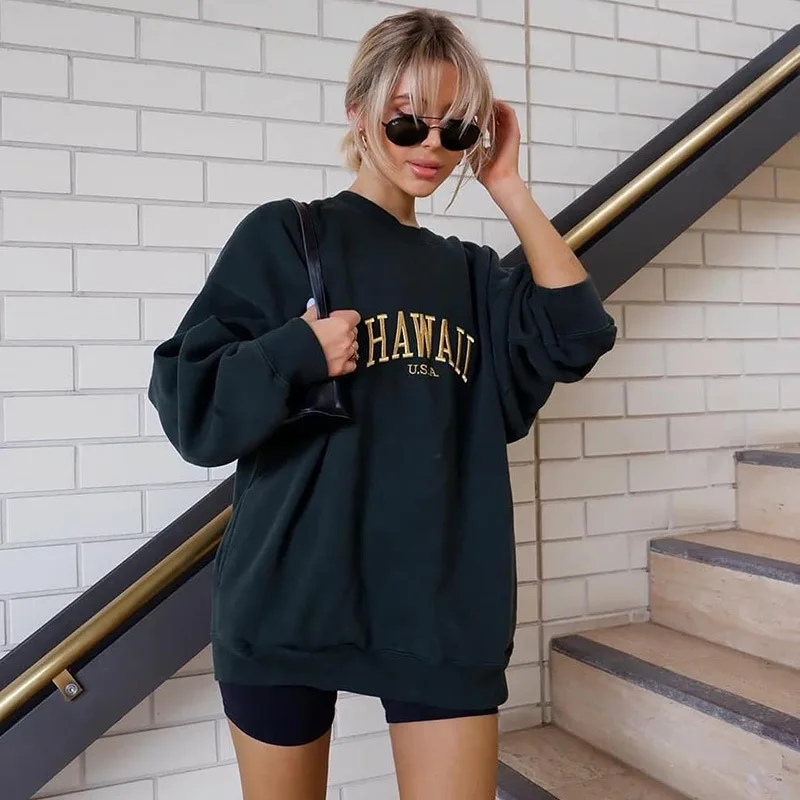 

Letter Printed Women Black Hoodie Plus Size Winter Sweatshirt Length Sleeve Casual Oversized Pullovers Lady Clothing