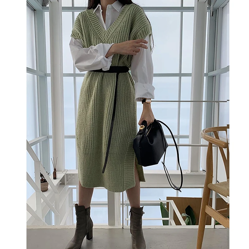 

Vintage Two Piece Set Women Outfits Korean Style Long Sleeve White Shirt + Vest Knitted Sweater Long Dress Casual 2 Piece Suits