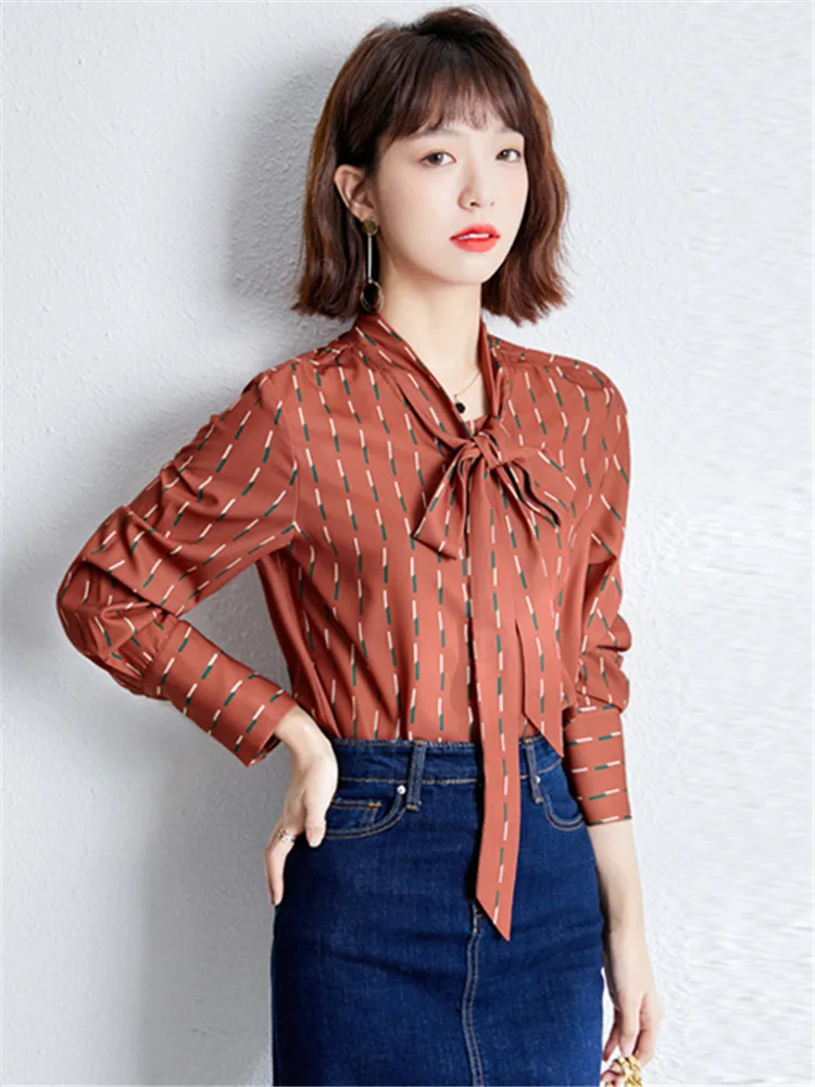 

Chikichi 2021 Spring Korean Fashion Clothing Bowknot Shirt Ladies Tops Printed Chiffon Blouse Women Long Sleeves