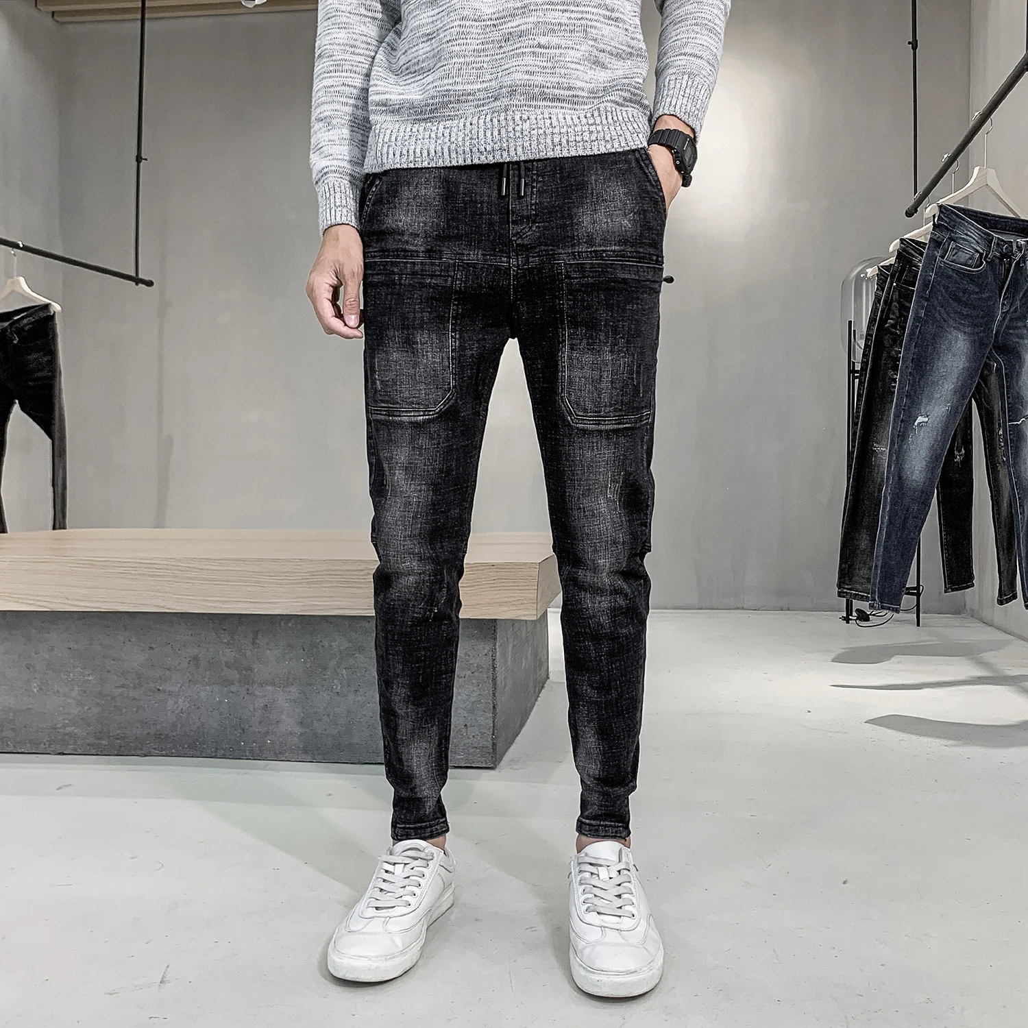 Мужские повседневные джинсы в стиле хип хоп удобные простые черные одежда для