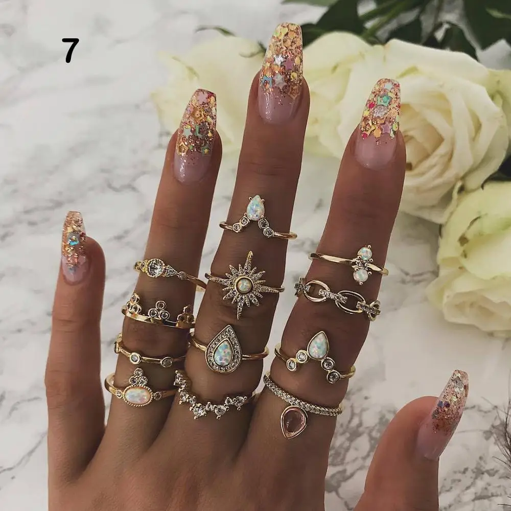 

12 Pcs Bohemian Retro wave ring sets Gem Star Midi Moon set rings for women anelli Water drop Wedding Anniversary Gift jewelry