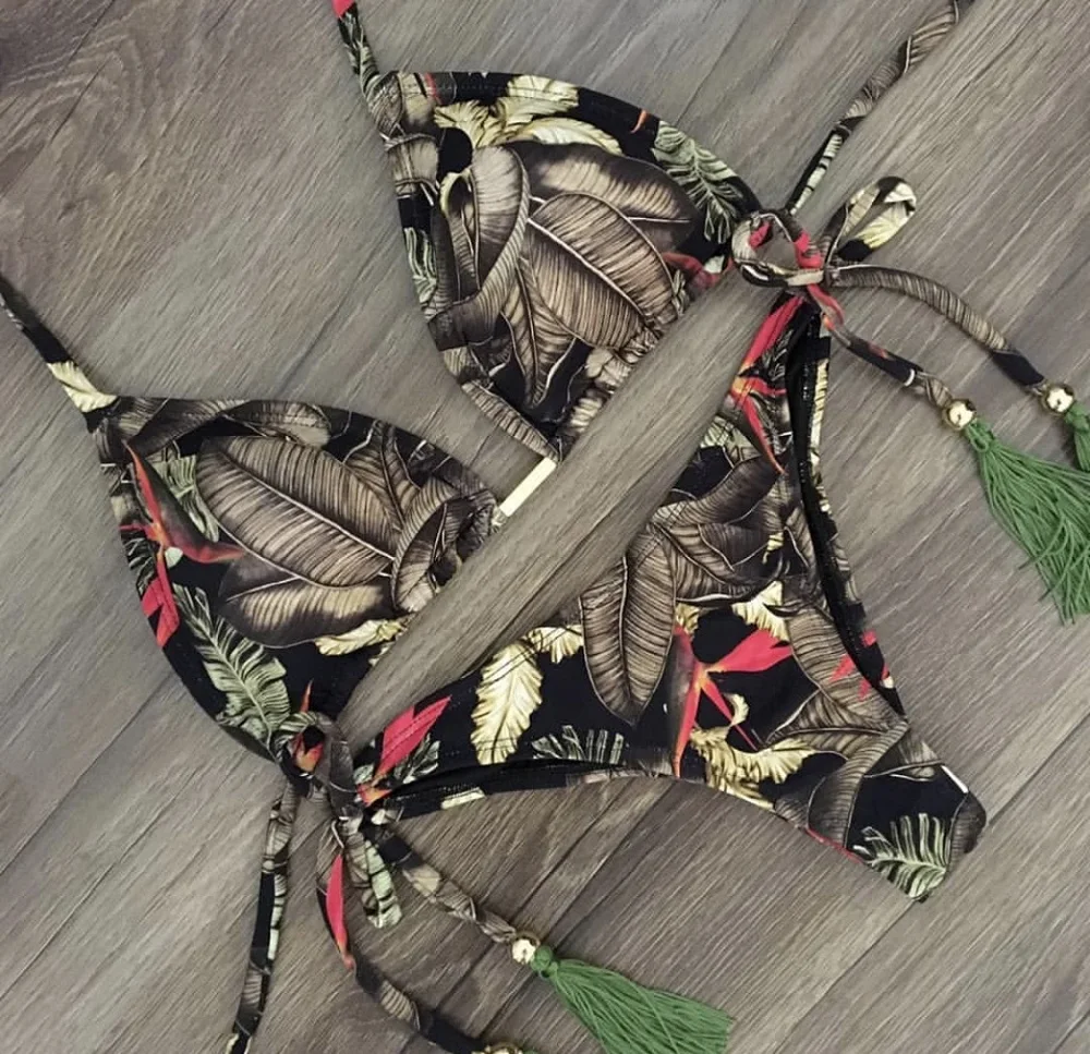 

Sexy brazilian bikini set 2020 Feather print swimsuit women Bandeau swimwear female Hollow out bathing suit Micro 2 piece suit