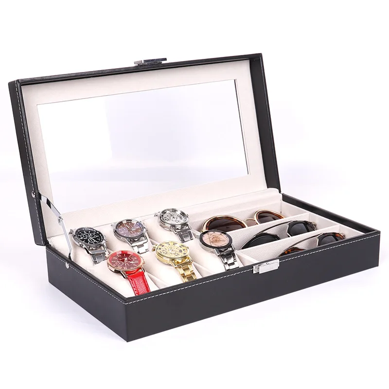 Kopen 6 Slots Mode Mannen Home Zwarte Kleur Horloge Doos Top Kwaliteit Horloge Organisator Horloge Opbergdoos Zonnebril Doos 0911-16