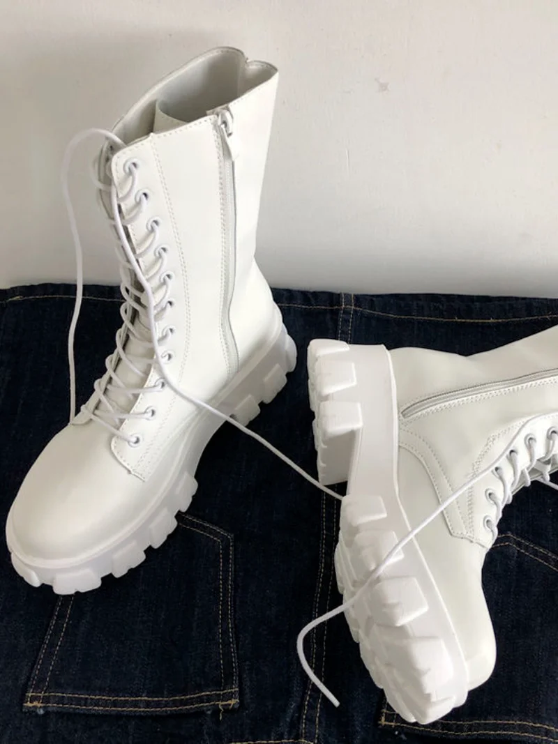 

2021 New Mid Calf Boots Women Autumn Winter Fashion Lace-up Zipper Botas Mujer Boots Sports Platform Heel Ladies Shoes