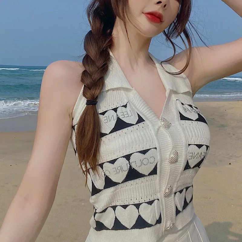 

Women .s Tanks Tops Style Small Lapel Open Shoulder Crop Top Summer Ladies Slim Knit Print Casual Vest '