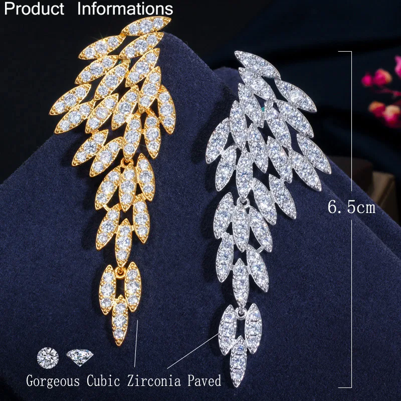 CWWZircons элегантные 18k позолоченные фианиты длинные висячие серьги с перьями и