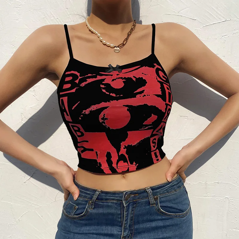 

Топ женский без рукавов, пикантный топ на бретельках, Y2k, модная уличная одежда, Облегающая майка с надписью «глаза», лето 2021