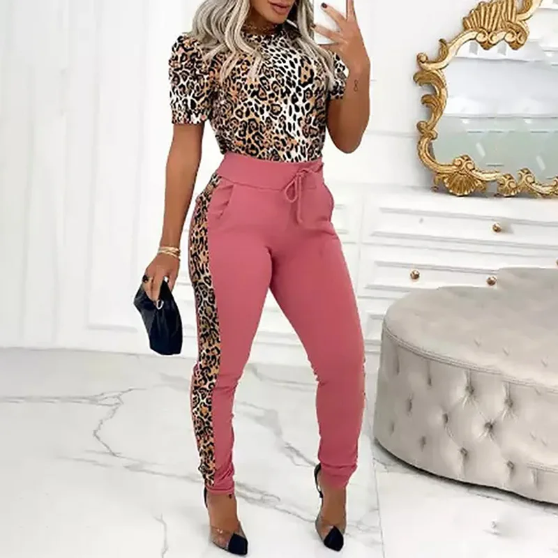 Women Sexy Cheetah Print Top & Colorblock Drawstring Trousers Women's Two Pieces Suits Skinny Pencil Pants Set Tracksuit Casual