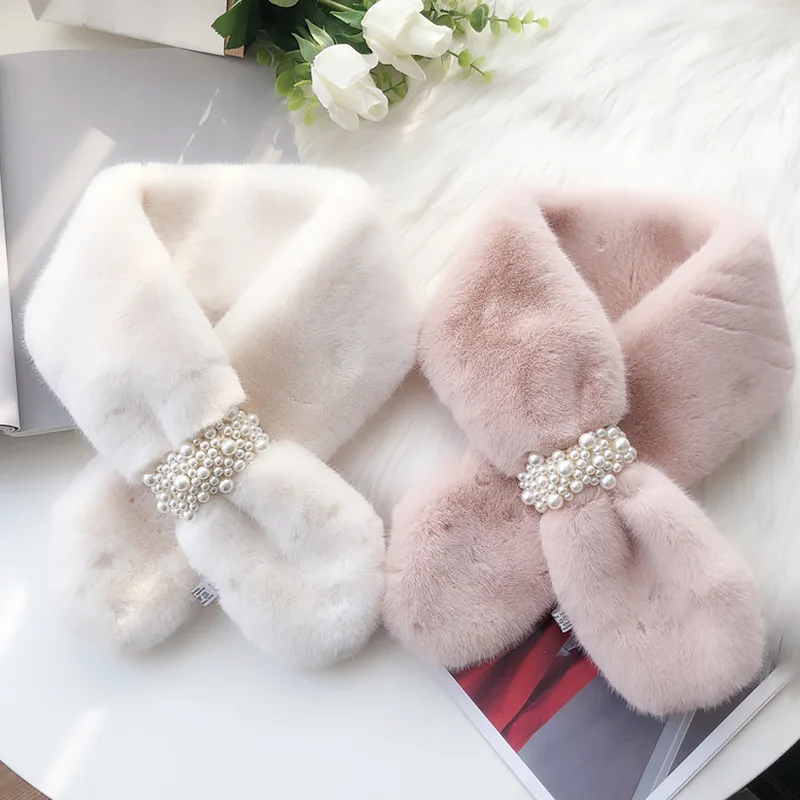 

Autumn Winter New Scarf Women's Pearl Buckle Cross Thickening Faux Rabbit Fur Solid Color Fashion Bib Windproof Warm