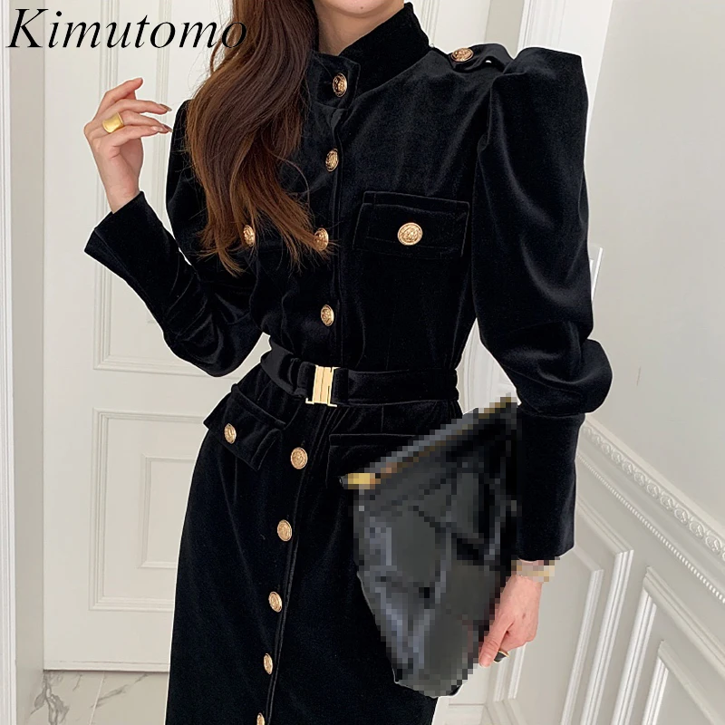 

Kimutomo Chic Elegant Dress Woman 2022 Spring New Ins Vintage Single Breast Puff Sleeves High Waist Stand Collar Dress Tide