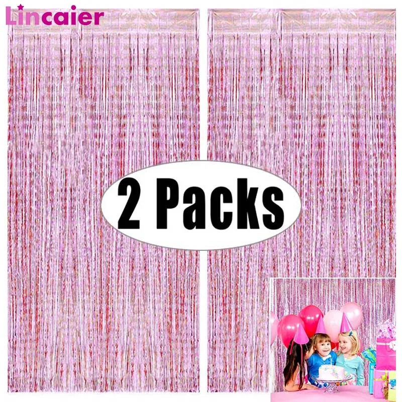 2pack 2x1m Pink Tinsel Fringe Curtain Photography Backdrop Kids Baby Girl Birthday Party Decoration Baby Shower Wedding