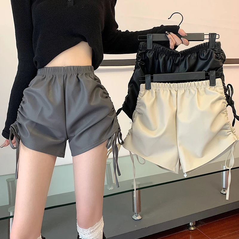 

LJSXLS Autumn New Drawstring Wide Leg Black Gray Sexy Shorts Women Elastic High Waist Pu Leather Casual Solid Shorts Female 2021