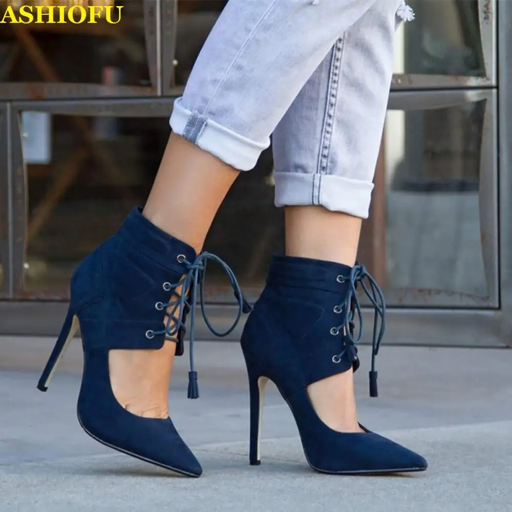 ASHIOFU Hot Sale Handmade New Women High Heel Pumps Cross Shoelace Pointy Party Dress Shoes Office Evening Fashion Court Shoes