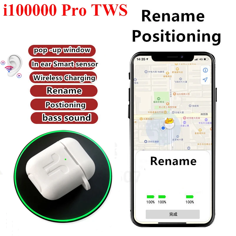 I100000 Pro TWS Супер копия 1:1 беспроводной Bluetooth наушники QI зарядка Смарт сенсор Спортивная гарнитура pk i9000 i90000pro i100000 TWS