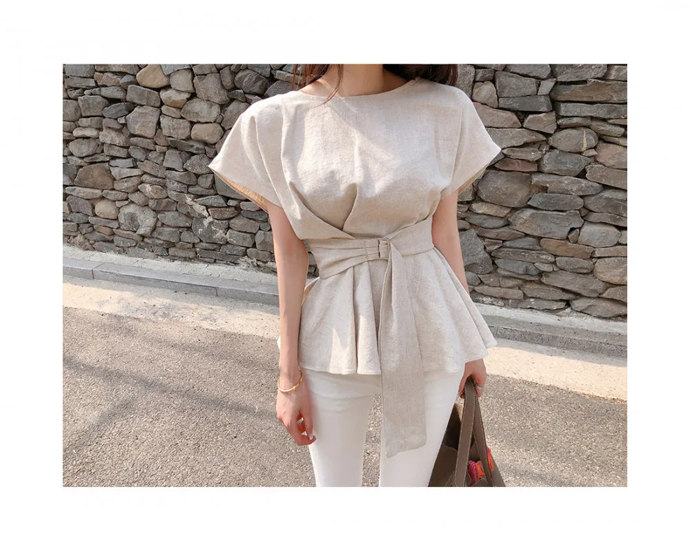 

Spring and Summer New Korean Style Elegant round Neck Lace-up Waist-Controlled Slimming Linen Ruffled Top with Swing Women's