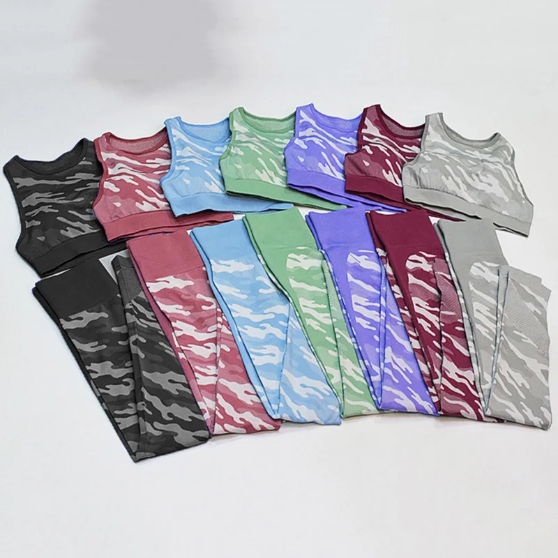 Бесшовные камуфляжные комплекты для йоги спортивный костюм женские трико с