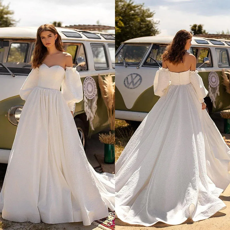 

SoDigne 2021 Boho Wedding Dresses with Detachable Long Sleeves Sweetheart Satin A Line Bridal Dress Beach Wedding Gowns
