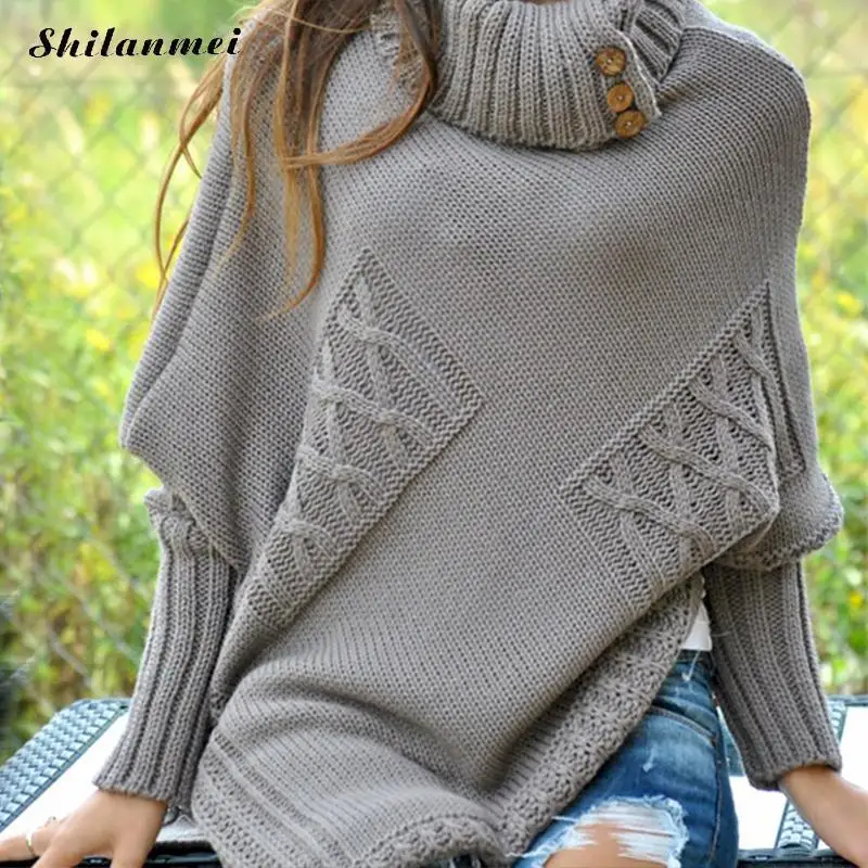 2019 Модный женский вязаный свитер пуловер средней длины с рукавом летучая мышь