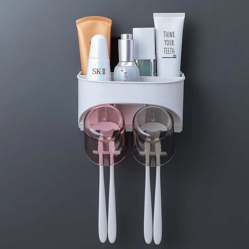 2 Cups 1Pc Автоматический диспенсер для зубной пасты, соковыжималка, держатель для зубной щетки, стойка для хранения макияжа, фен, полка-органайзер для ванной, аксессуары - Цвет: 2 Cups