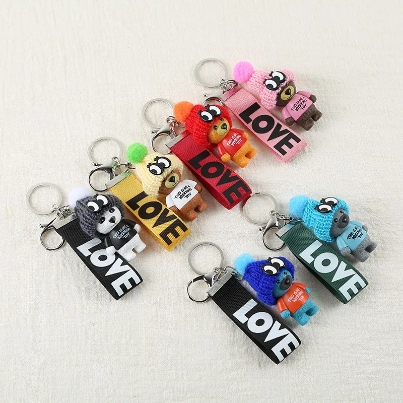 

Cute Bear Keychains Fur Pom Pom Plush Hat LOVE Ribbon Key Rings Women Car Bag Charms Teddy Bear Doll Key Chains Holder Pendant