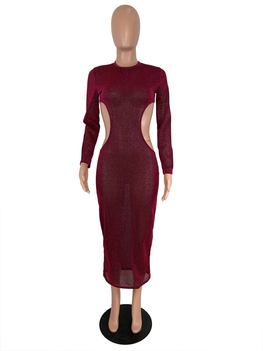 

Adogirl See Through Glitter Mesh Long Dress Women Sexy O Neck Long Sleeve Waist Hollow Out Bodycon Dress Club Party Maxi Dress