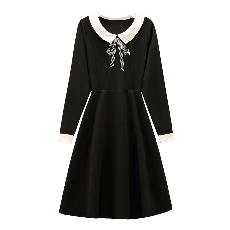

2021 Spring Autumn Black Dresses For Women Doll Collar Long Sleeve Bow Casual A Line Dresses Female Clothing