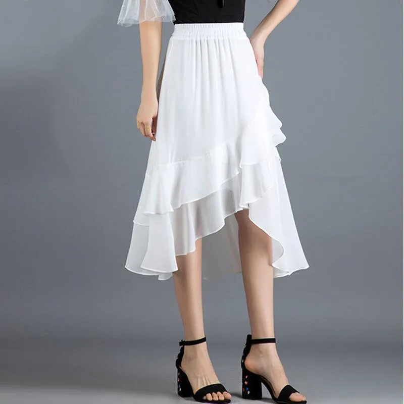 

Women Summer Long Skirts Elegant Ruffles Office Lady Chiffon Skirts 2021 Holiday Beach Skirts Black Purple