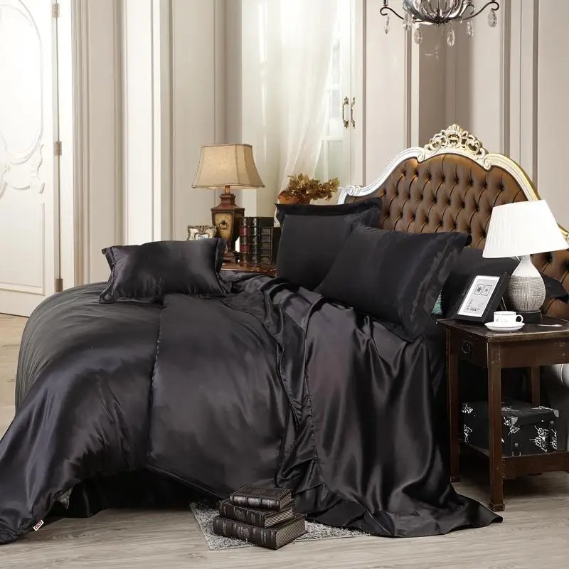 38 4Pcs Silk Black White Color Bedding set King Queen size Bed Solid color Brief Duvet cover Bedclothes bed | Дом и сад