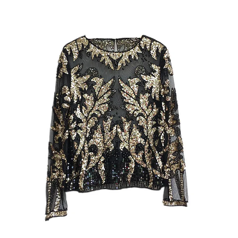 

Spring Fashion Vintage Sequined Bead Flower Straight O-neck Long Sleeve Black Beige Casual Daily Wear Blouse Women 98108