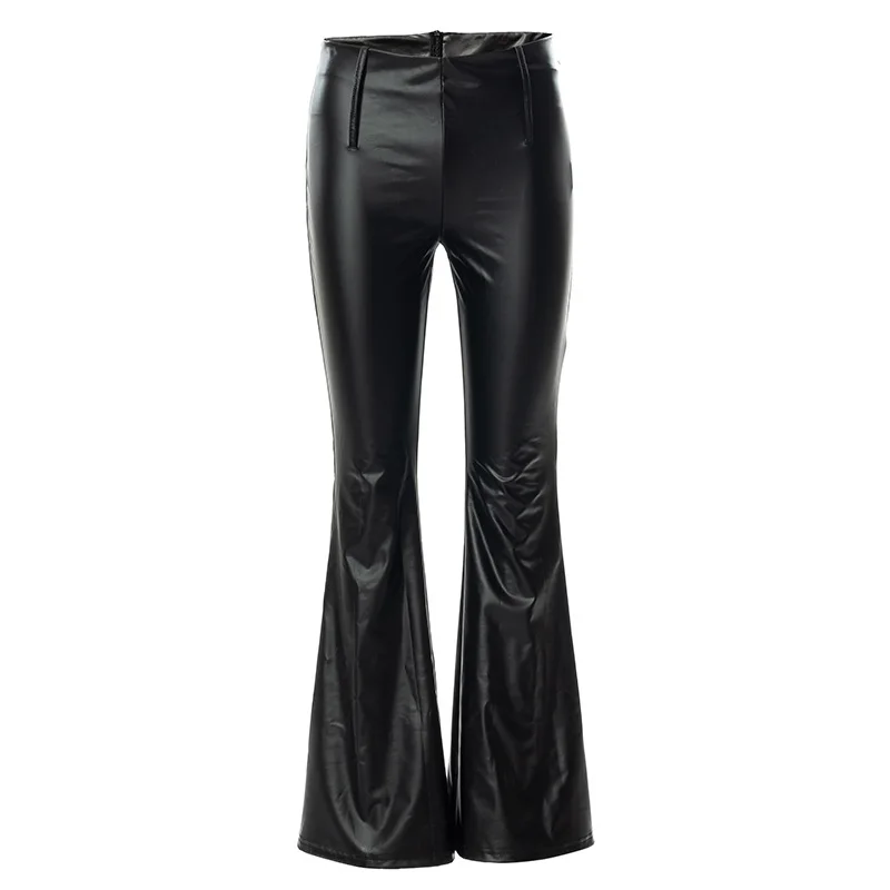 

Women Fashion PU Leather Flare Pants Long Trousers Skinny Vintage High Waist Zipper Moto Clubwear y2k Feminina Outfit Streetwear