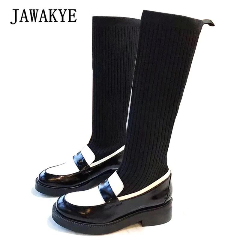 Новинка женские вязаные ботинки Stovepipe эластичные носки из натуральной кожи на