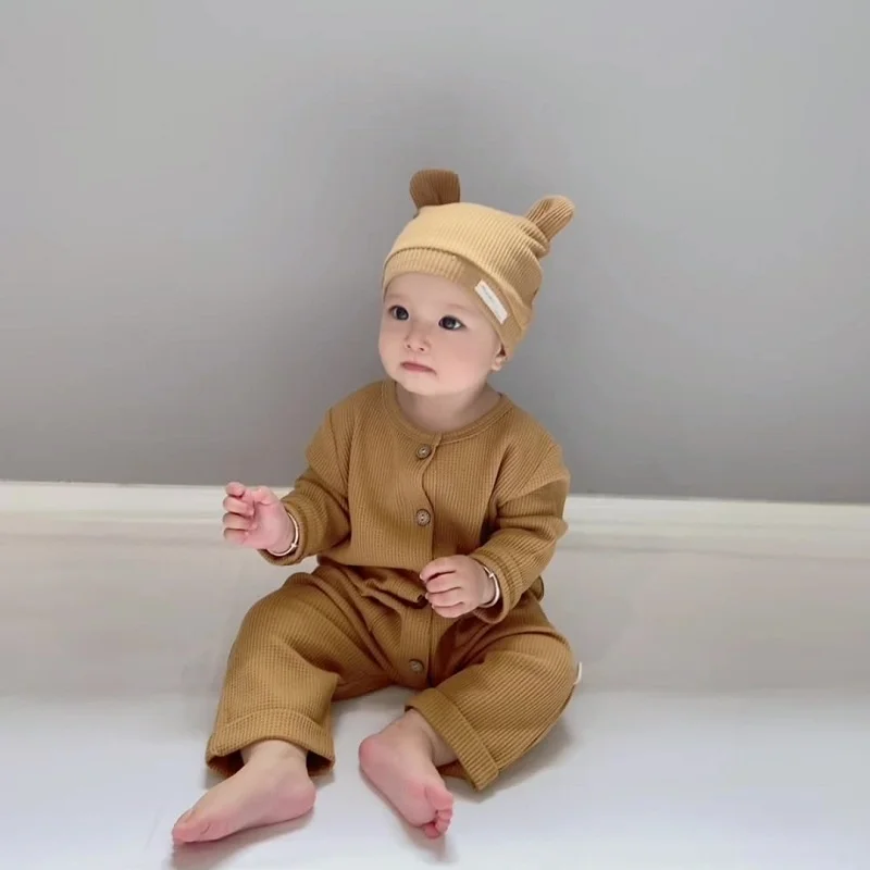 

Baby Romper Children's Solid Color Waffle Bodysuit Autumn Winter Newborn Boy Girls Long Sleeve Open Shirt Cotton Infant Clothes