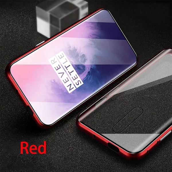 Red Магнитный адсорбционный чехол для телефона OnePlus 7 Pro One Plus 6 T, задняя крышка из закаленного стекла для Oneplus 6 5 T, Роскошный металлический Прозрачный чехол - Цвет: Red