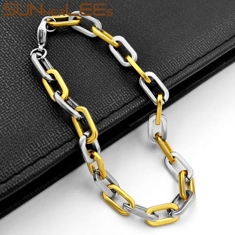 SUNNERLEES 316L браслет из нержавеющей стали, полированный, 6,5 мм, Геометрическая Серебряная цепочка из звеньев, золотой, черный, для мужчин и женщин, ювелирный подарок SC96 B - Окраска металла: Silver-Gold