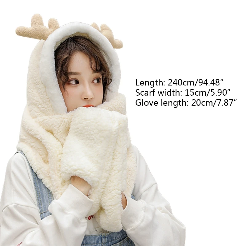 

Women Winter Warm 3 In 1 Hoodie Hat with Long Scarf Gloves Combo Cartoon Reindeer Antler Fluffy Plush Earflap Cap Mitten