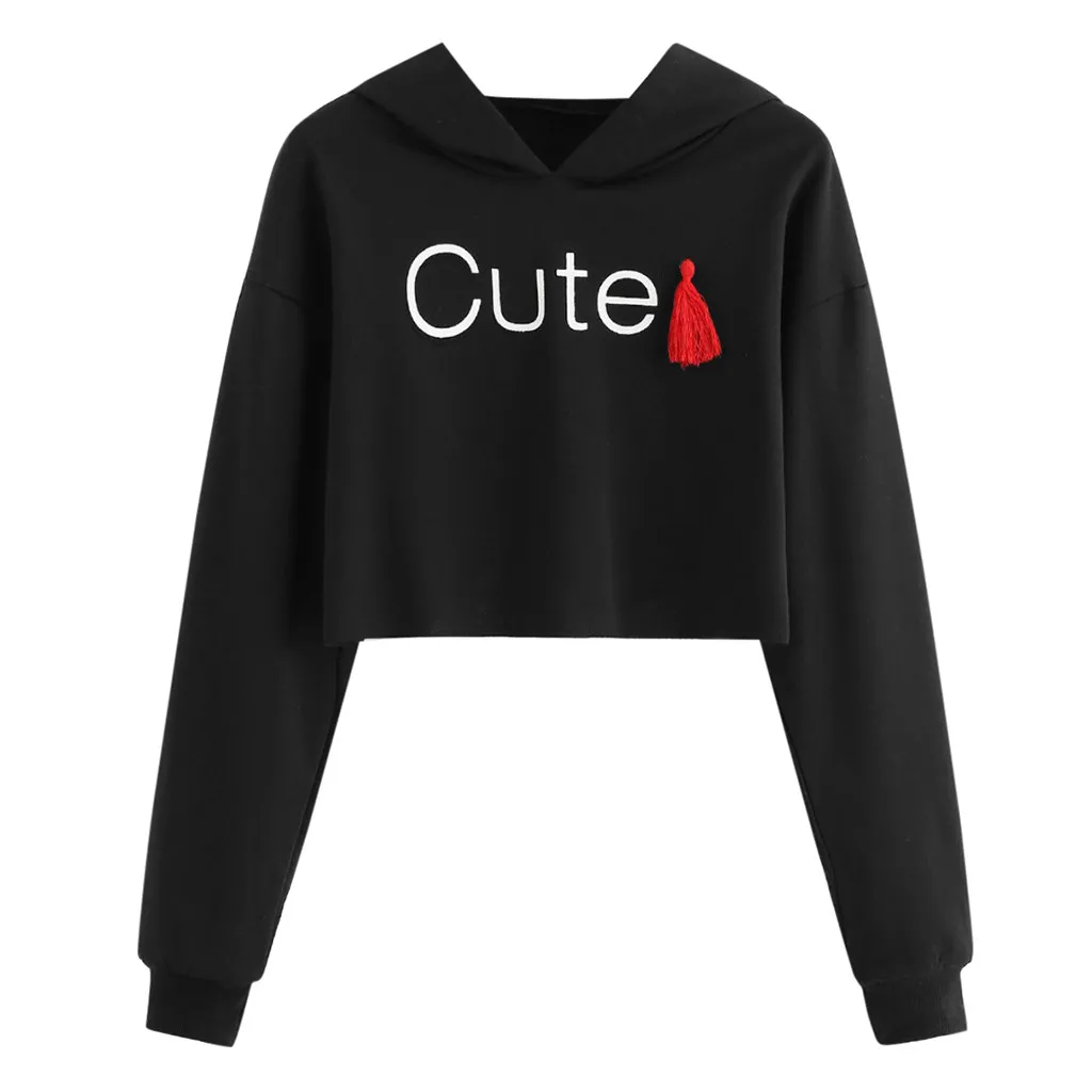 Женский короткий пуловер с капюшоном укороченный топ милым буквенным принтом