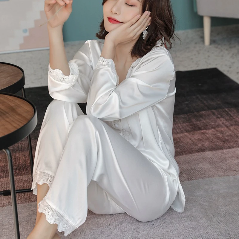 

Summer Pajamas Women Set Faux Silk Sleepwear Long Sleeve Lace Nightwear Plus Size Black/White Pjs Loungewear Homewear Night Suit