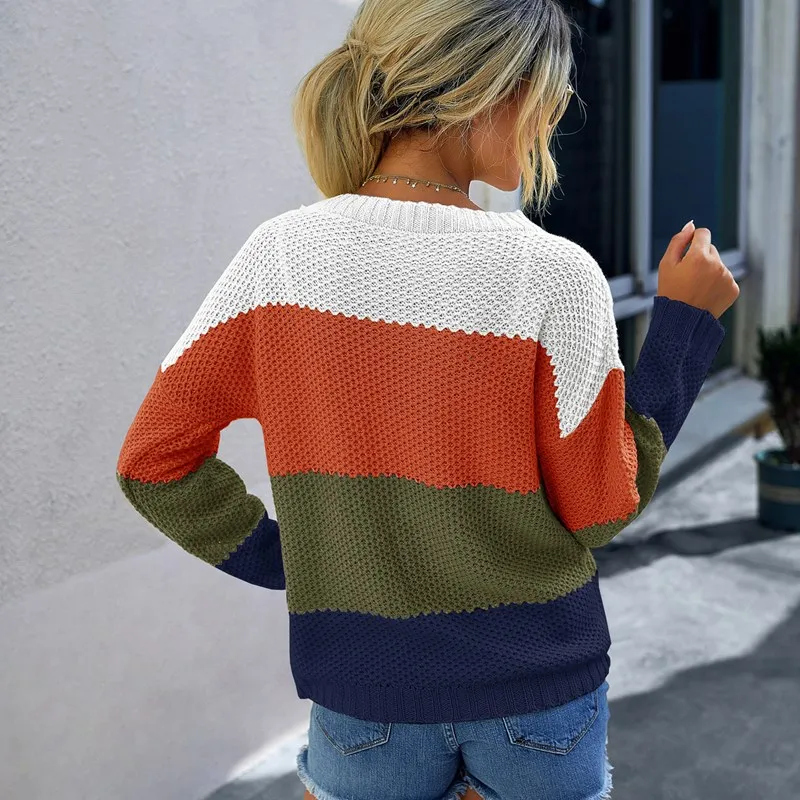 

Женский трикотажный свободный свитер в полоску, с круглым вырезом и длинным рукавом