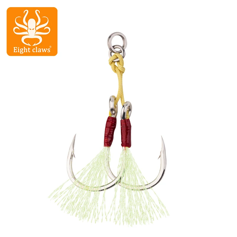 

2pcs/pack Eight Claws Boat Fishing Double Hooks With Barb High Carbon Steel With Feather Deep Sea Jigging Barbed Hooks