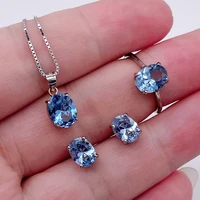 real s925 silver spinel ring earring pendant necklace synthetic blue spinel oval cut light blue gemstone jewelry set for women