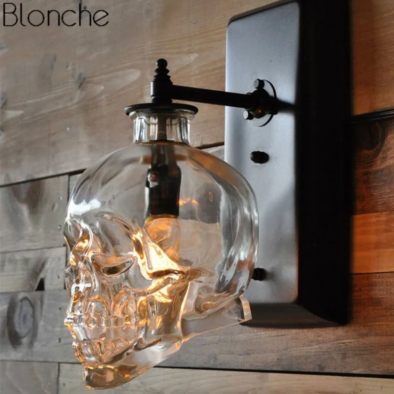 Retro Attic Skull Bone Transparent Glass Wall Lamp Candle Ho