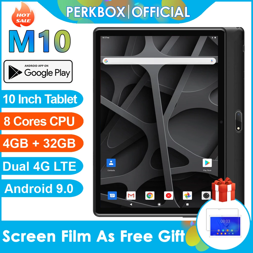 Планшет Perkbox 10 дюймов Восьмиядерный 4 Гб ОЗУ 32 ПЗУ двойная камера 9 0 МП 3G 4G FDD LTE