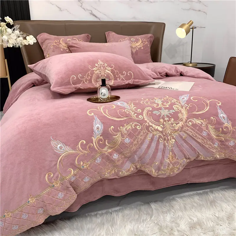 

Milk Fiber Bedding Set Chic Embroidered Duvet Cover Luxury Flat/Fitted Sheet Queen King Size With Pillowcases Home Textiles