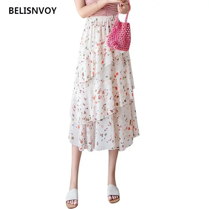 

Summer Korean Vintage Chiffon Ruffles Skirt Floral Printed A-line Pleated Long Skirts For Women Elastic Waist Jupes Pour Dames
